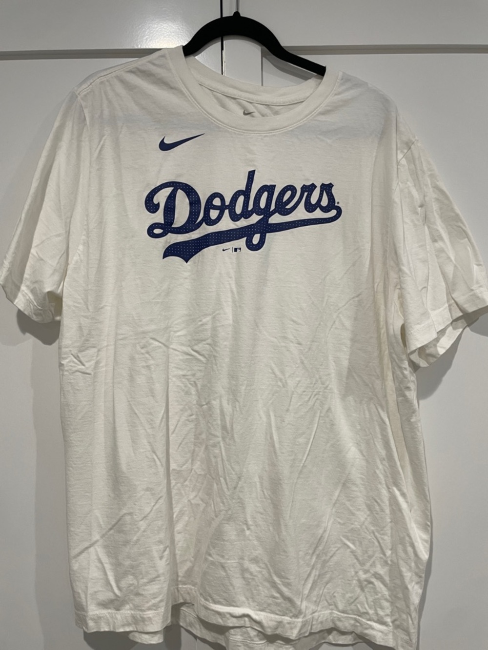 Nike White Dodgers Script Logo Tee with Navy Accents